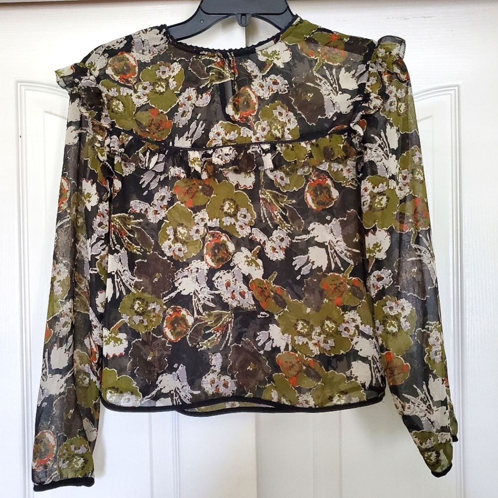 XS Zara Black Green Floral Blouse